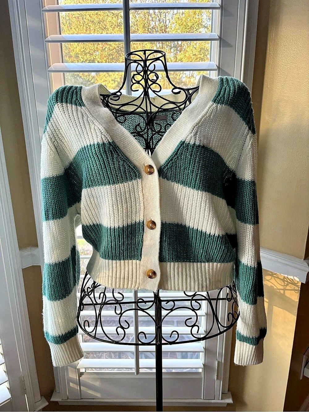 SO Striped Cardigan in Green & White Large